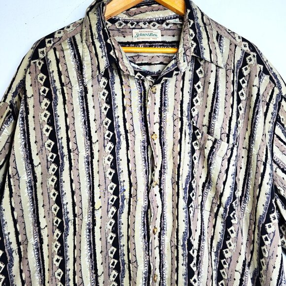 Vintage 90s Brown Black Southwestern Stripe 100% Rayon Button Front Shirt - Picture 3 of 6
